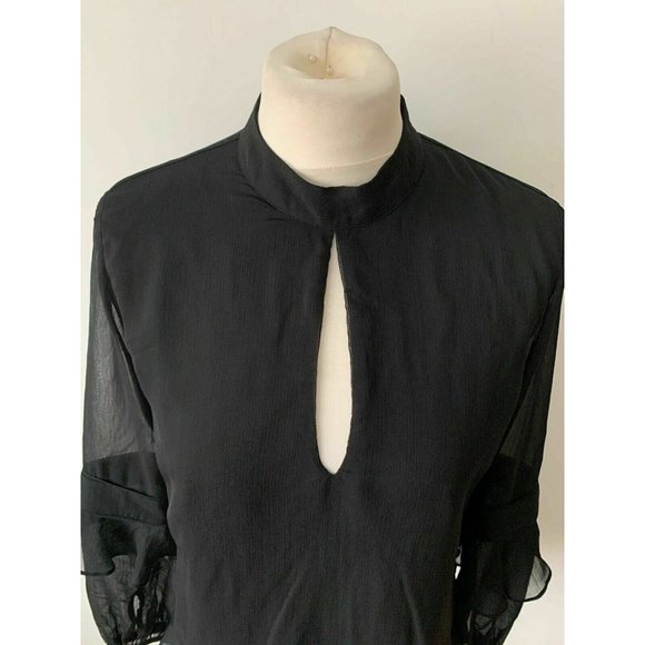 Sosandar Black Ruffle Sleeve High Neck Blouse Size 10 Key Hole Detail - Picture 3 of 5